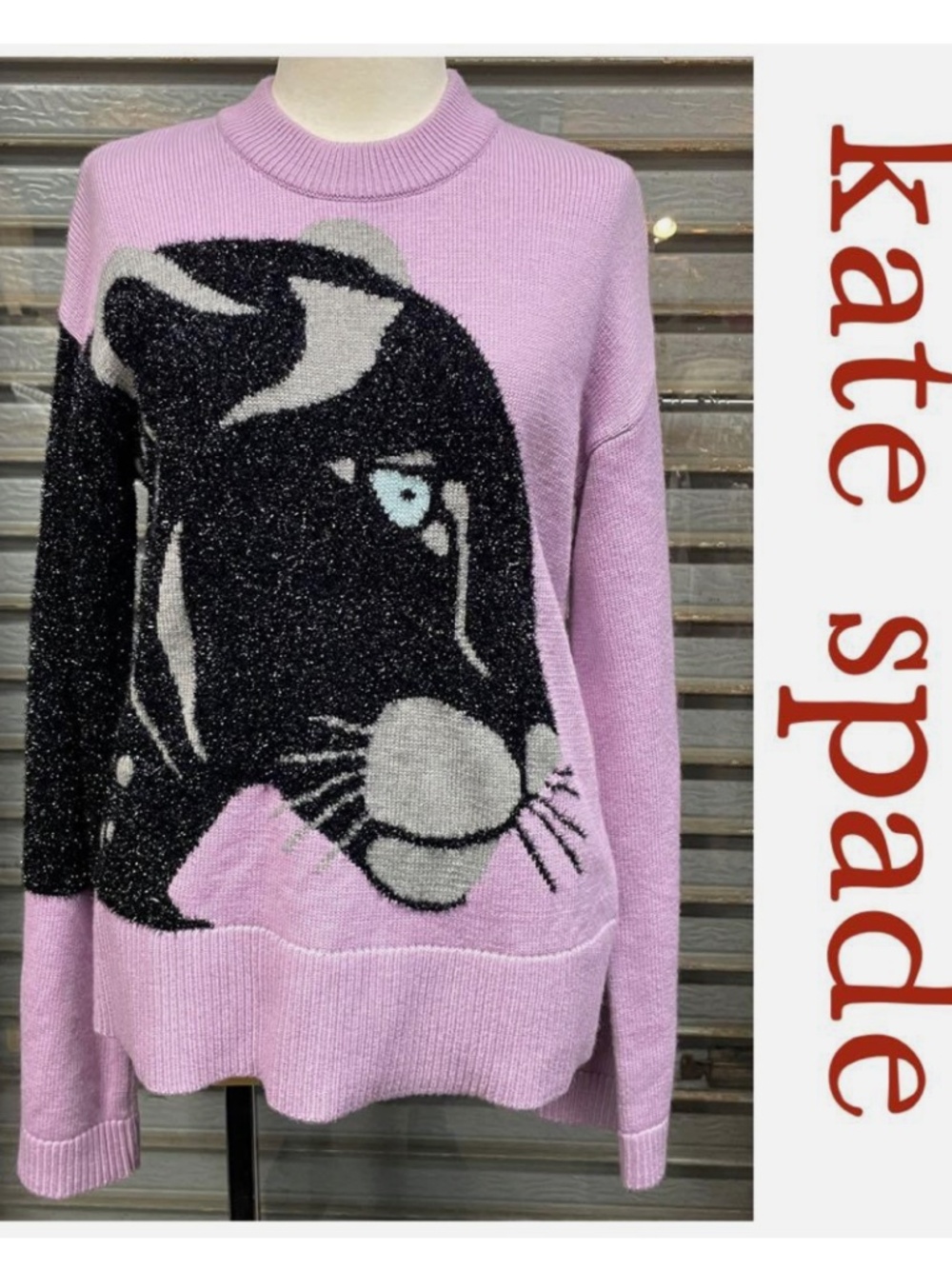Kate Spade Sweater Wool Metallic Panther Crewneck Long Sleeve Lilac Black sz L